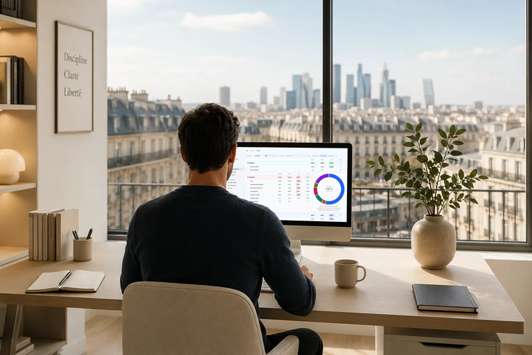 Un bureau clair face aux toits de Paris : une personne assise, mains sur le clavier, tient son rendez-vous avec ses finances.
